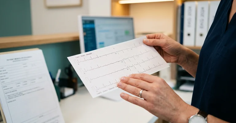 Stetoskop i wydruk EKG z arytmią na biurku kardiologa - diagnostyka kardiomiopatii alkoholowej